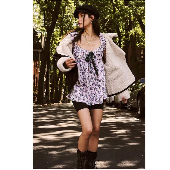 NEW Free People Gaia Printed Tunic Lilac Floral Corduroy Bow Floral Mini Dress - Picture 2 of 9
